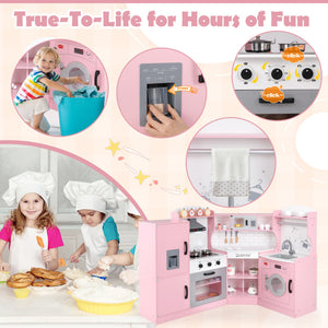 Corner wooden play kitchen with washing machine and stove accessories