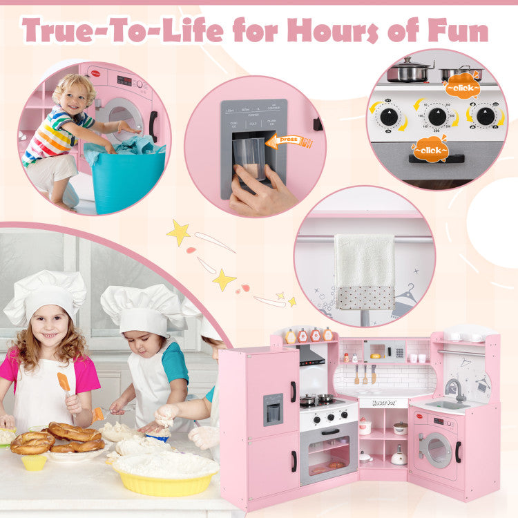 Corner wooden play kitchen with washing machine and stove accessories