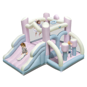Children's inflatable play structure with slide and climbing elements on a white background