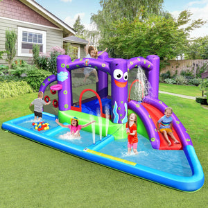 Inflatable bounce house with ball pit and sprinklers