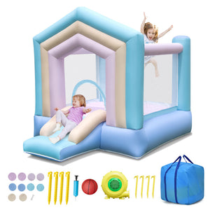 Kids jumping on macaron‑themed themed inflatable bounce house