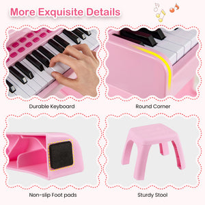 Kids piano keyboard featuring percussion, accompaniment, and demo functions