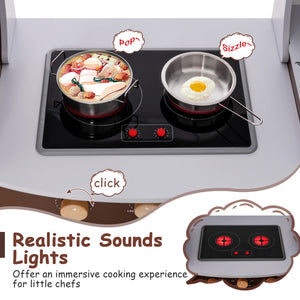 Kids wooden cooking toy with microwave, stove, and utensils