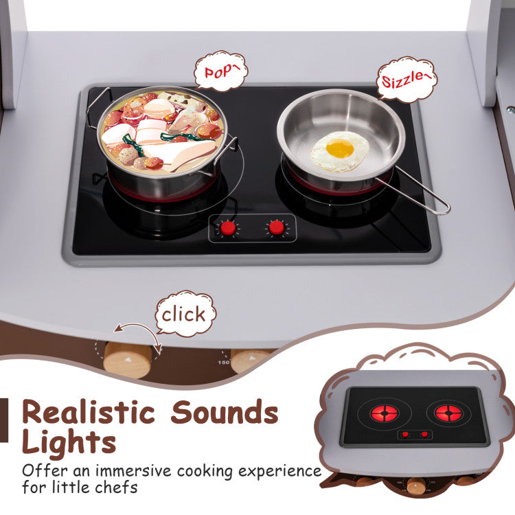 Kids wooden cooking toy with microwave, stove, and utensils