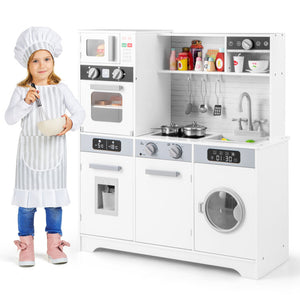 “Wooden play kitchen with real lights and sound effects”