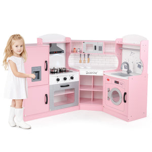 Kids wooden play kitchen with range hood and microwave for pretend cooking