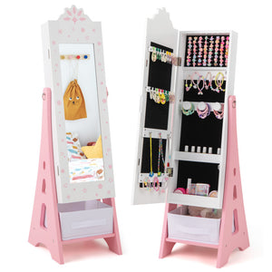 Kids Jewelry Cabinet with Full-Length Mirror and Foldable Storage Drawer