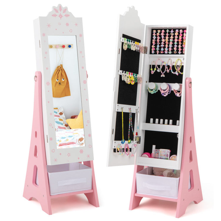 Kids Jewelry Cabinet with Full-Length Mirror and Foldable Storage Drawer