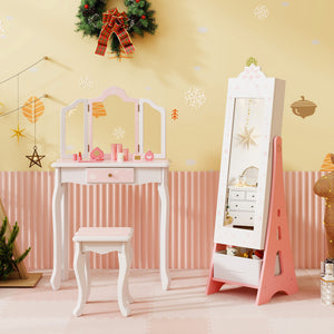 Kids Jewelry Cabinet with Full-Length Mirror and Foldable Storage Drawer
