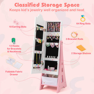 Kids Jewelry Cabinet with Full-Length Mirror and Foldable Storage Drawer