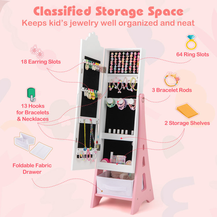 Kids Jewelry Cabinet with Full-Length Mirror and Foldable Storage Drawer