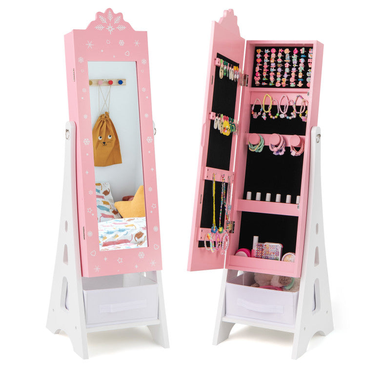 Kids Jewelry Cabinet with Full-Length Mirror and Foldable Storage Drawer