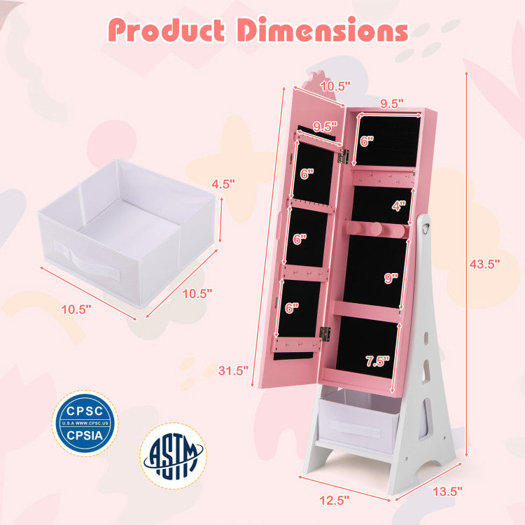 Kids Jewelry Cabinet with Full-Length Mirror and Foldable Storage Drawer