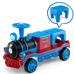Two kids enjoying a kids ride on train with whistle sound