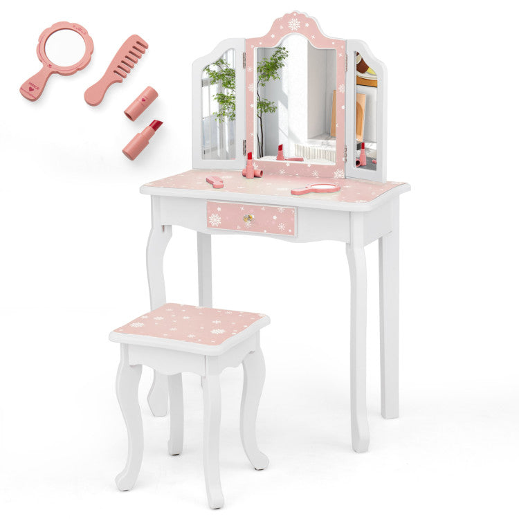 Princess Makeup Table and Stool Set with Tri-Folding Mirror – Pretend Play Vanity