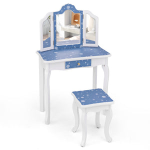 Princess Makeup Table and Stool Set with Tri-Folding Mirror – Pretend Play Vanity