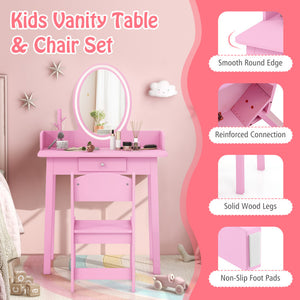 Kids Vanity Set with Lighted Mirror – Dressing Table with Storage & Chair