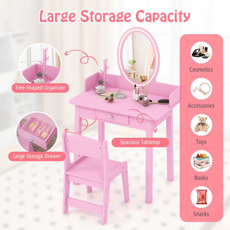 Kids Vanity Set with Lighted Mirror – Dressing Table with Storage & Chair