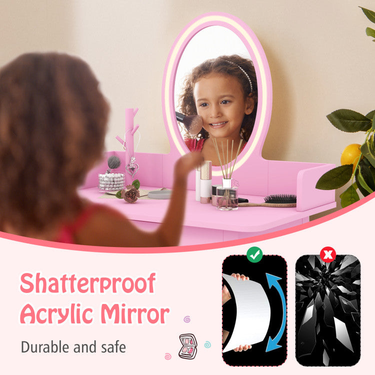 Kids Vanity Set with Lighted Mirror – Dressing Table with Storage & Chair
