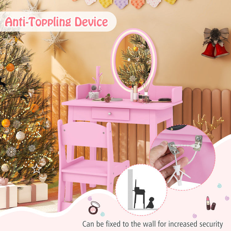 Kids Vanity Set with Lighted Mirror – Dressing Table with Storage & Chair
