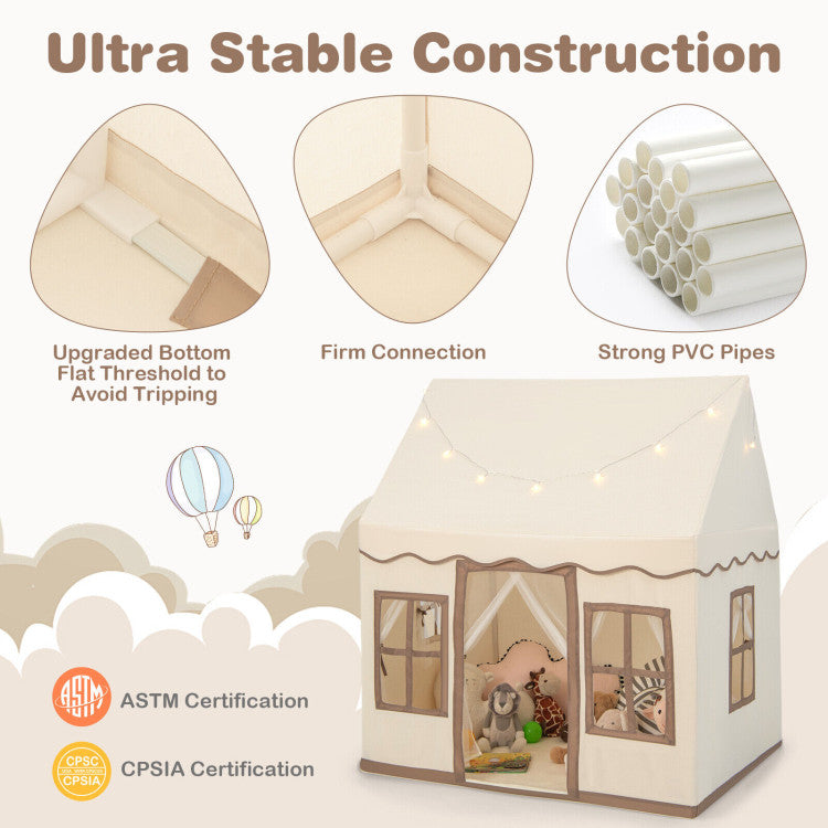Playhouse tent with mesh windows and door curtains