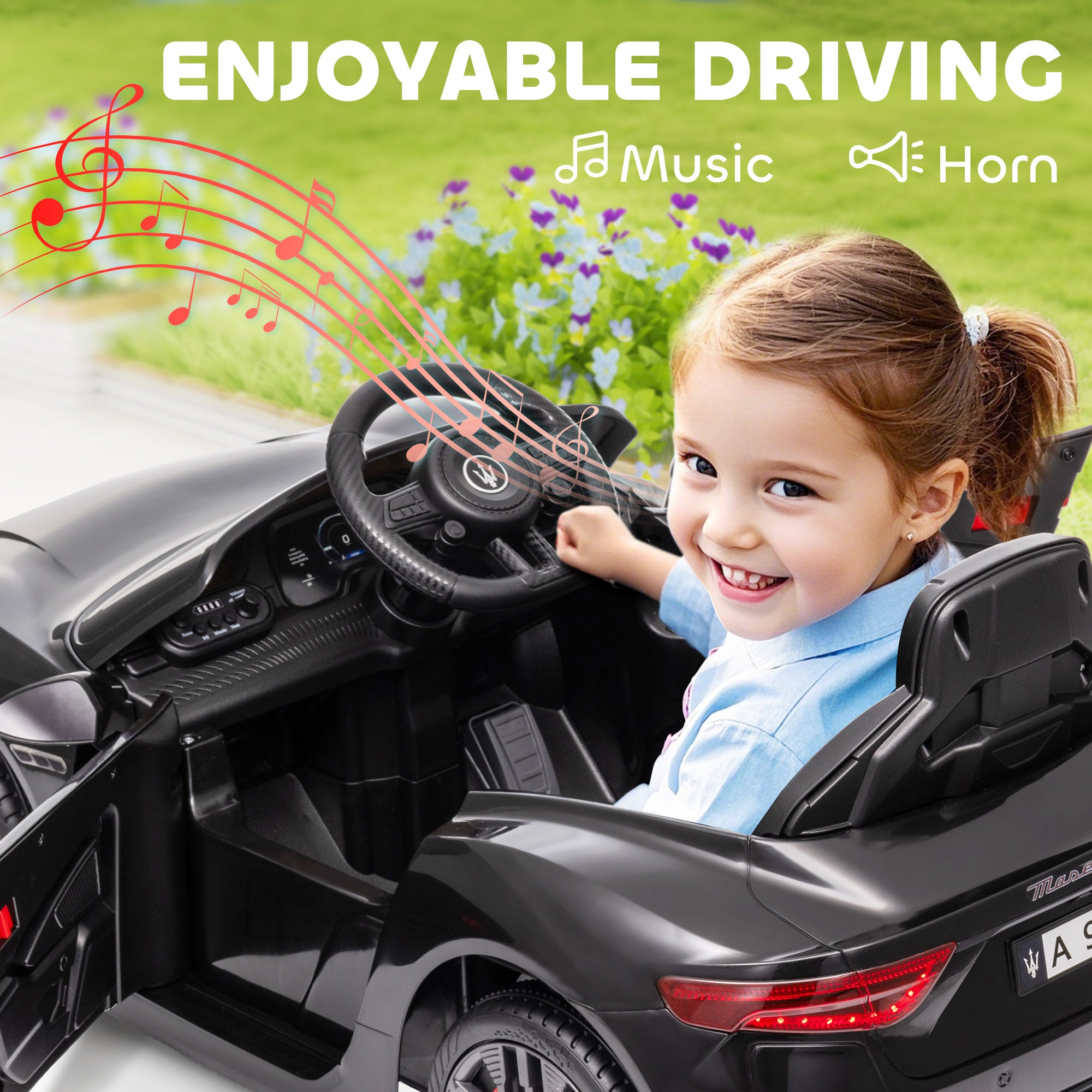 Maserati kids vehicle with dual motors and suspension