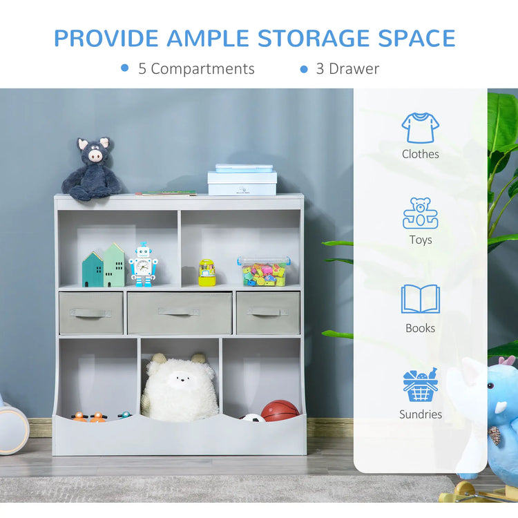 Multi-compartment toy organizer with 8 shelves and 3 drawers