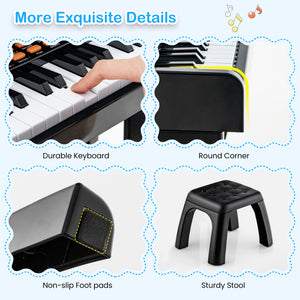 Musical keyboard for children featuring adjustable microphone stand
