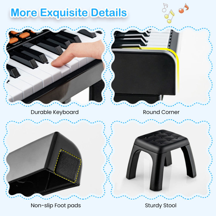 Musical keyboard for children featuring adjustable microphone stand