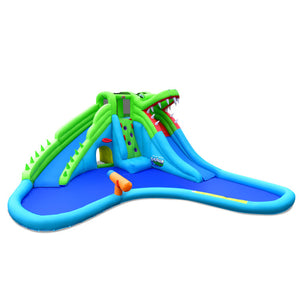 Outdoor bounce house with pool and water activities