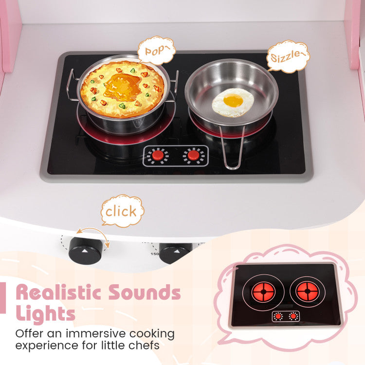 Play kitchen for children with utensils, chef hat, and apron