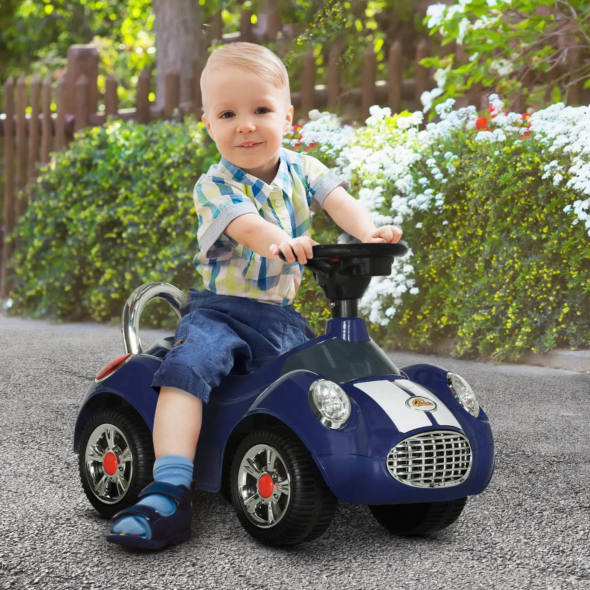 Dark blue toddler push car with steering wheel and horn