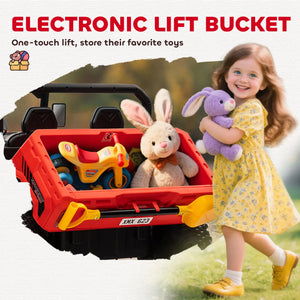 Ride-on bike for kids with functional shovel and lift bucket