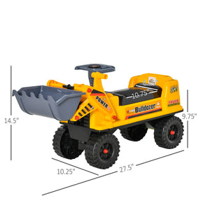Yellow ride on construction toy bulldozer with digging bucket