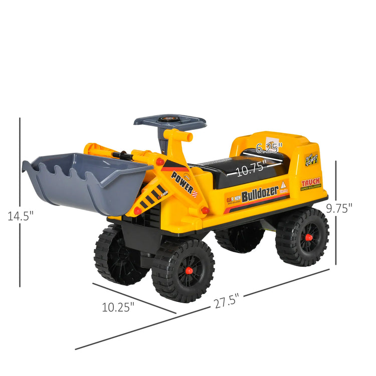 Yellow ride on construction toy bulldozer with digging bucket