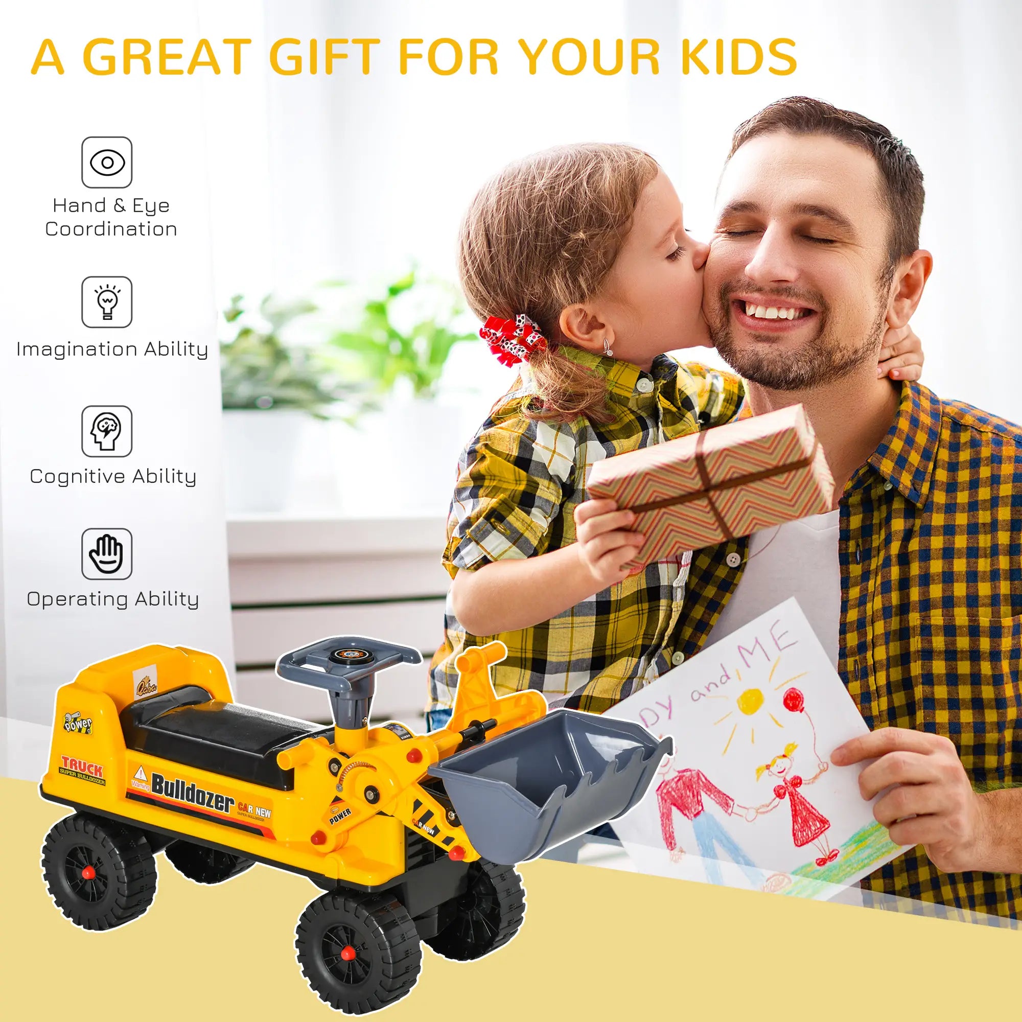 Toddler bulldozer ride-on, manual alternative to ride on tractor with parental remote control
