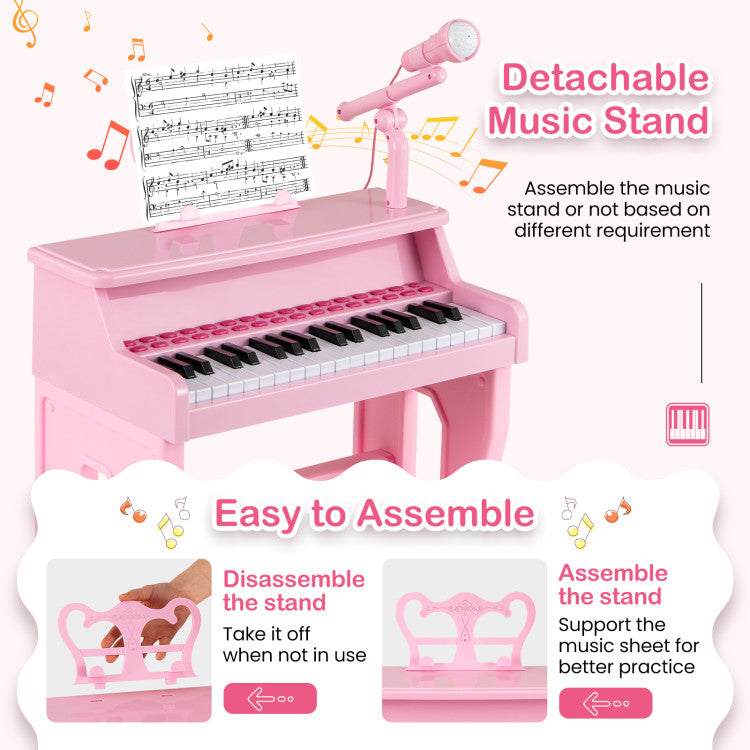 Safe kids piano toy featuring rounded edges and sturdy stool for safety
