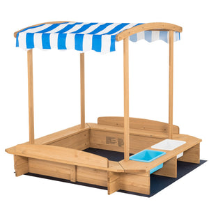 Sandbox with canopy and bottom liner for drainage