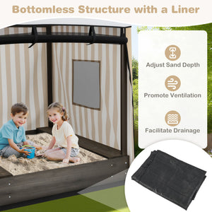 Sandbox with canopy and drainage for easy maintenance