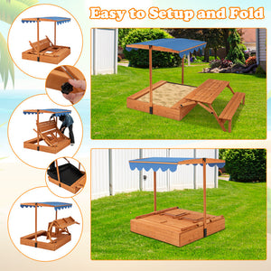 Sandbox with canopy space saver with foldable lids