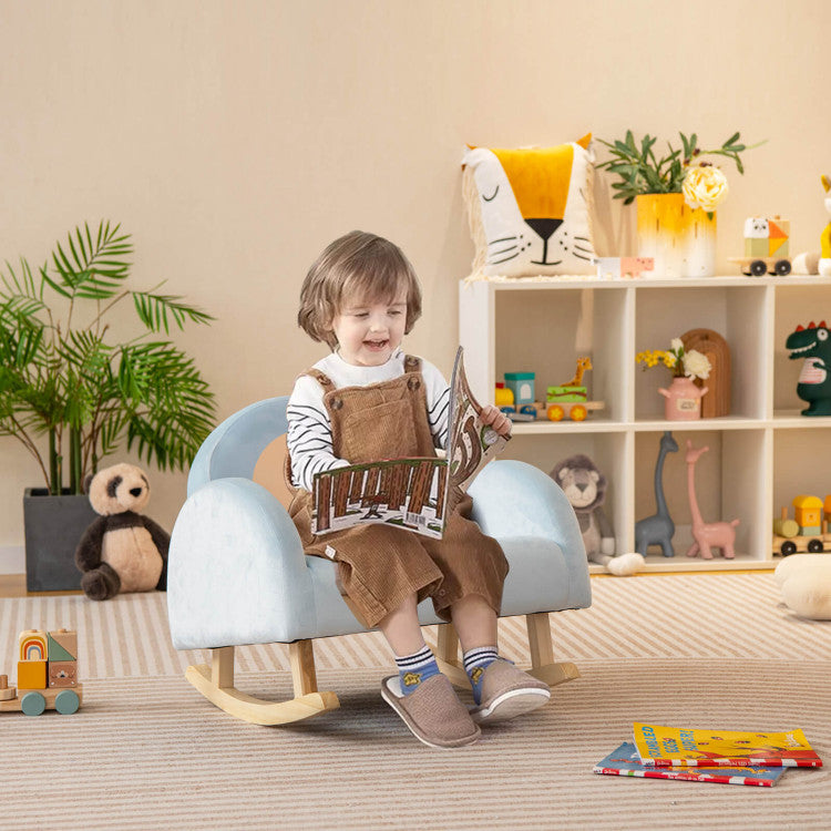 Toddler rocking chair with solid wood base and velvet seat