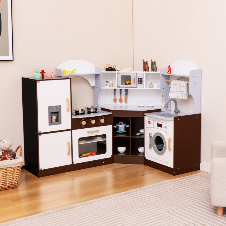 Wooden pretend kitchen playset featuring a working ice maker toy