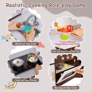Wooden toddler play kitchen with storage compartments for toys