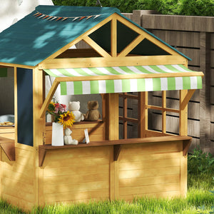 Wooden playhouse with bench and service station