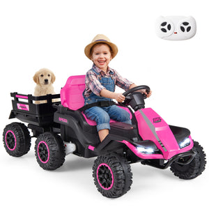 Child sitting in a pink toy truck with a dog in a cart, on a white background