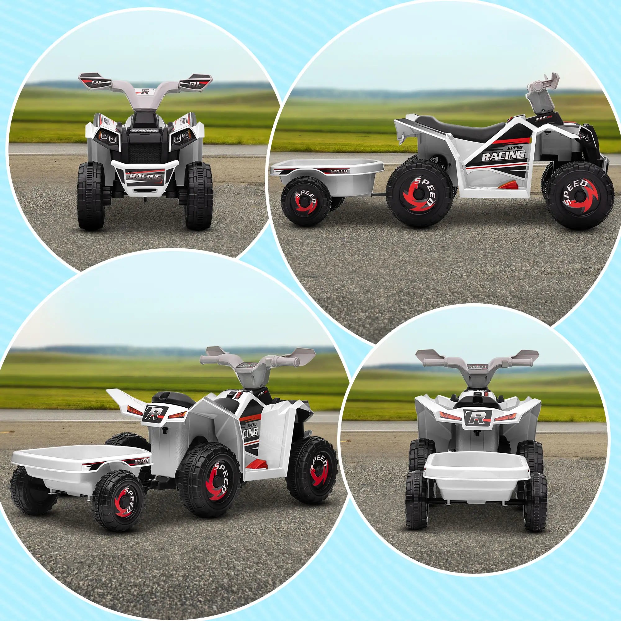 Collage of a toy ATV with a trailer on a road with grassy background