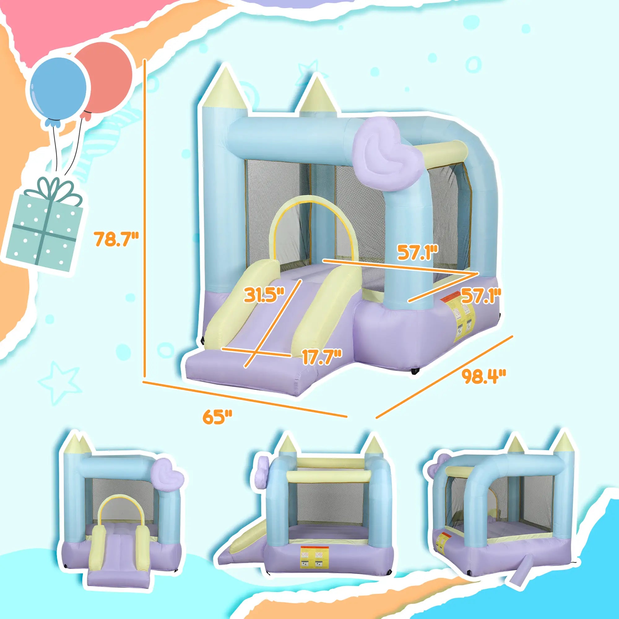 Inflatable bounce house with measurements on a colorful background