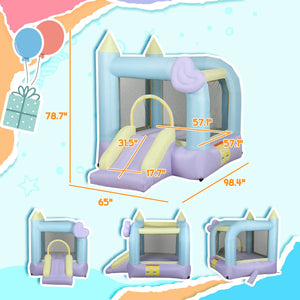 Inflatable bounce house with measurements on a colorful background