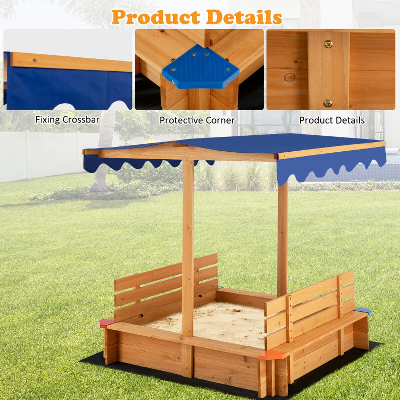 Kids Wooden Sandbox with Canopy and 2 Bench Seats