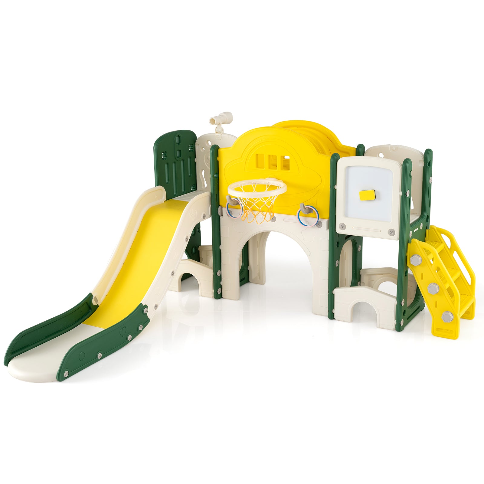 10-in-1 toddler slide set with climber, basketball hoop and tunnel